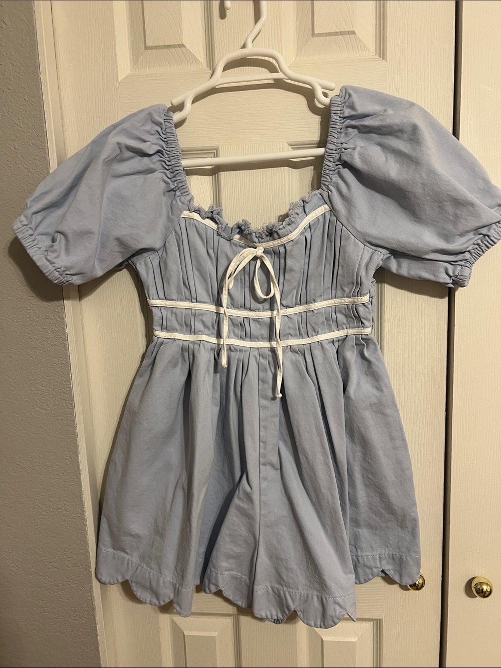 Peach Love California Light Blue Puff Sleeve Romper with White Trim